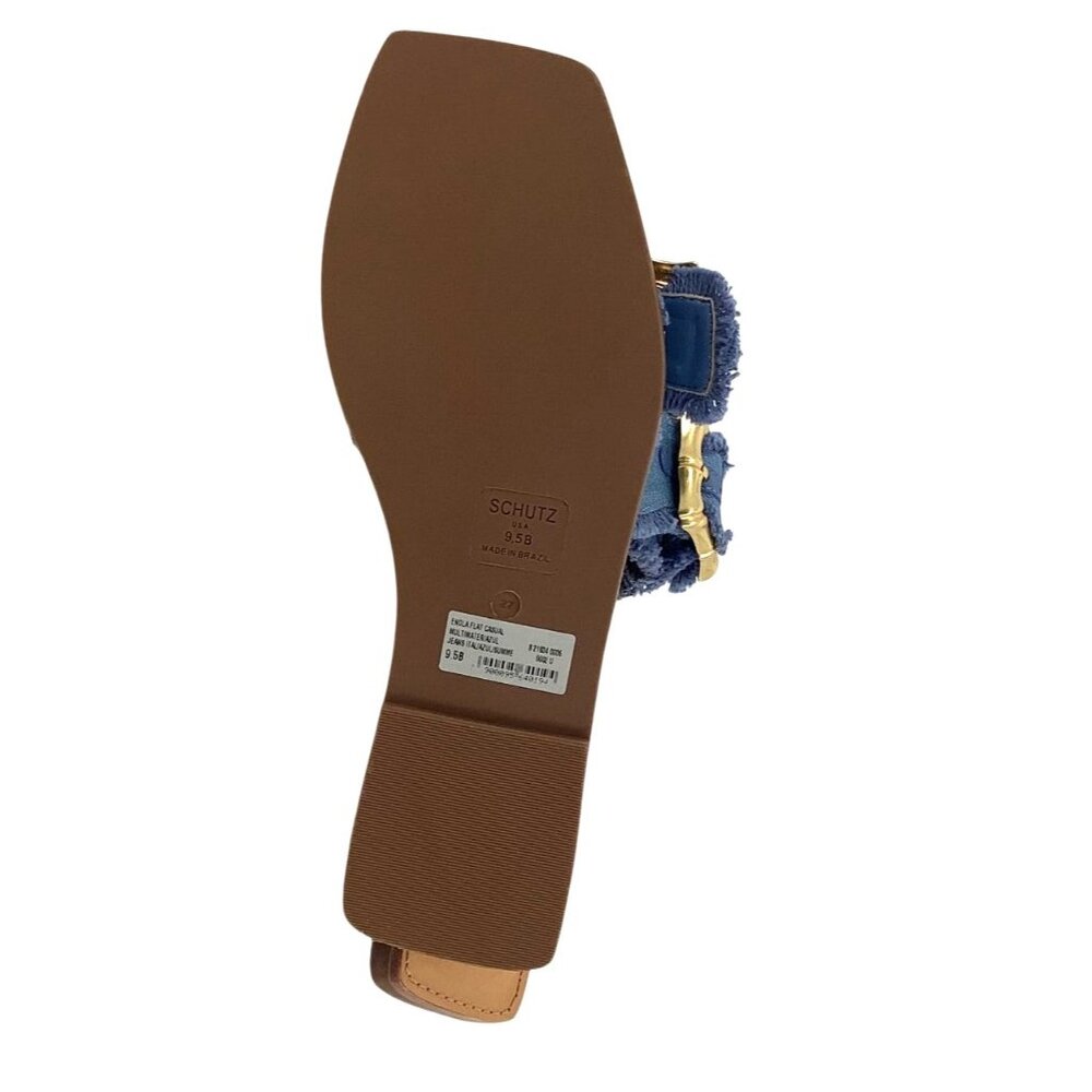 Schutz Womens Denim & Leather Slide Sandals Size 9.5 With Gold Buckle Details - Picture 4 of 5